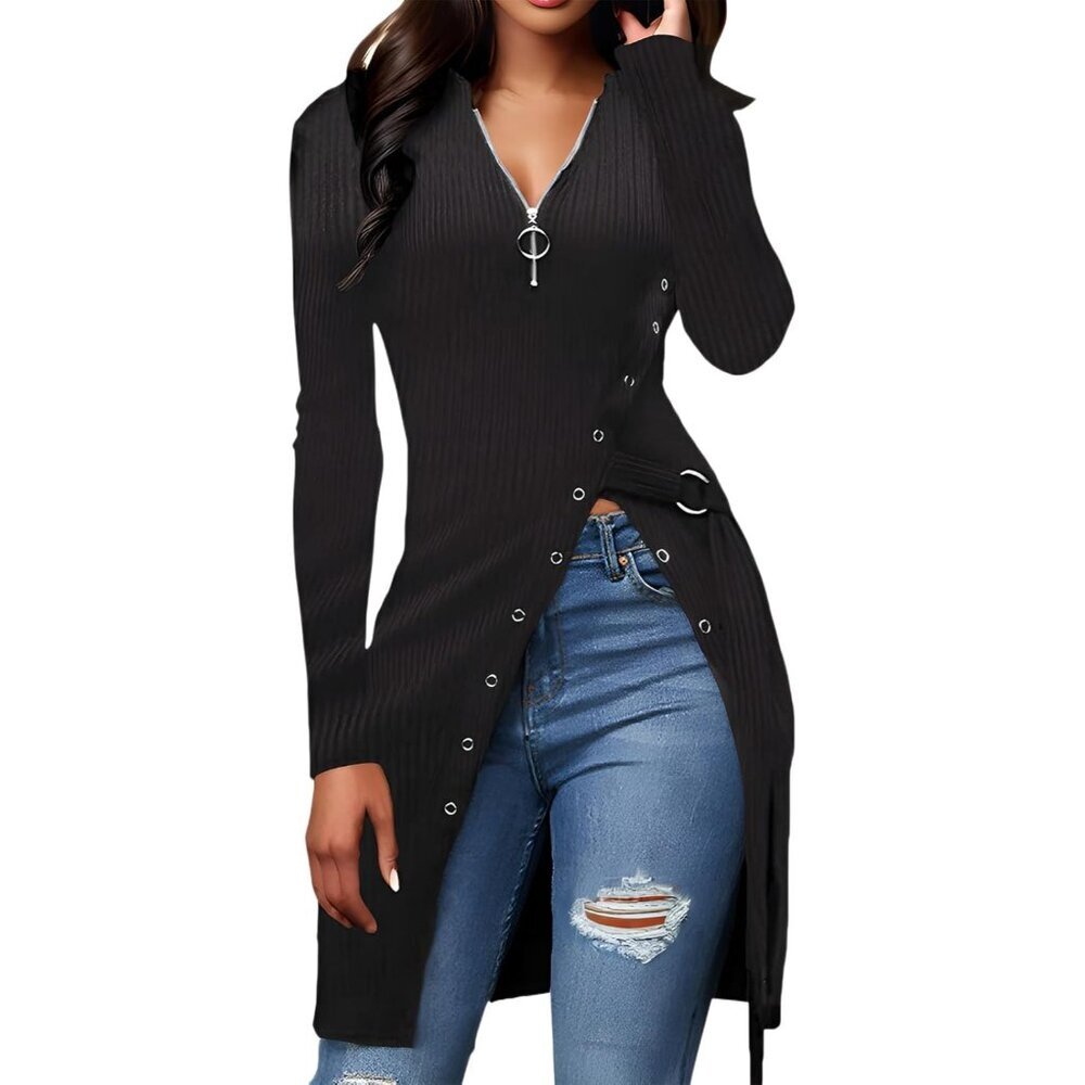 Women's Ribbed Long Sleeve Top Black Large Asymmetrical Hem Casual Chic